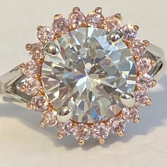 Pink Ice Halo Cocktail Ring Size 8 9 10 Statement Cubic Zirconia Silver Plated - Picture 4 of 10